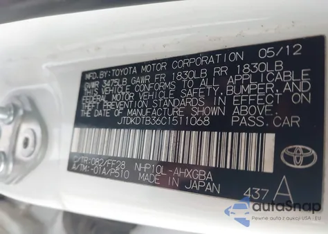 2012 Toyota Prius C Three z USA, uszkodzony, nr VIN JTDKDTB36C1511068